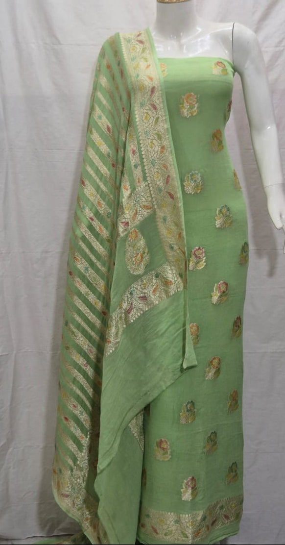 Pure Khaddi Chiffon Unstitched Suit With Water Zari Work.