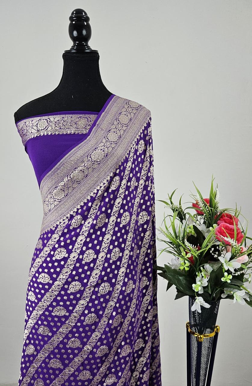 Pure Banarasi Handloom Khaddi Georgette Silk Water Zari Work Saree. | NEW EDITION |