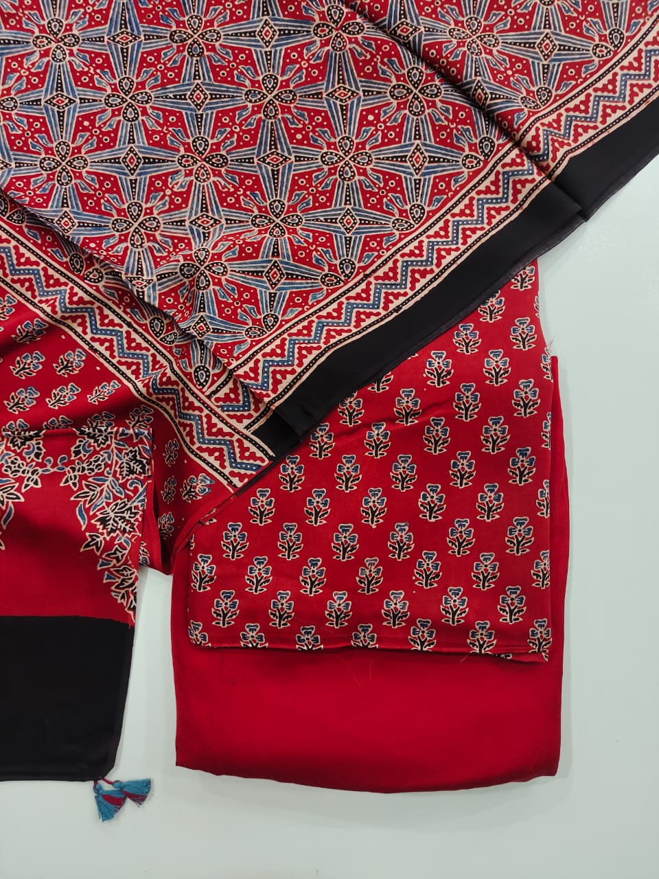 Pure Modal Silk Ajrakh Hand Block  3pc Unstitched Suit