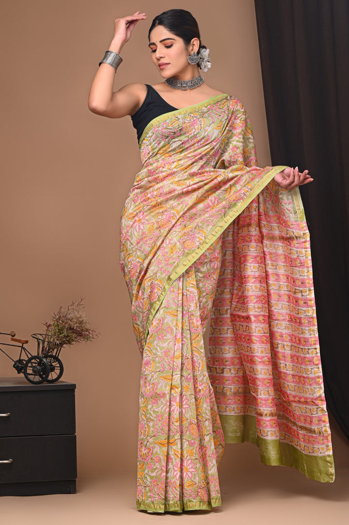 Hand Block Print Pure Chanderi Saree With Blouse
