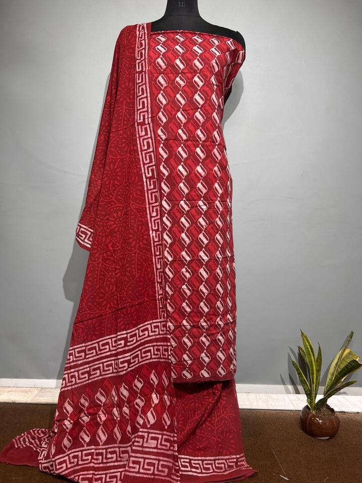 Pure Cotton Hand Block Print Unstitched Suit With Cotton Dupatta