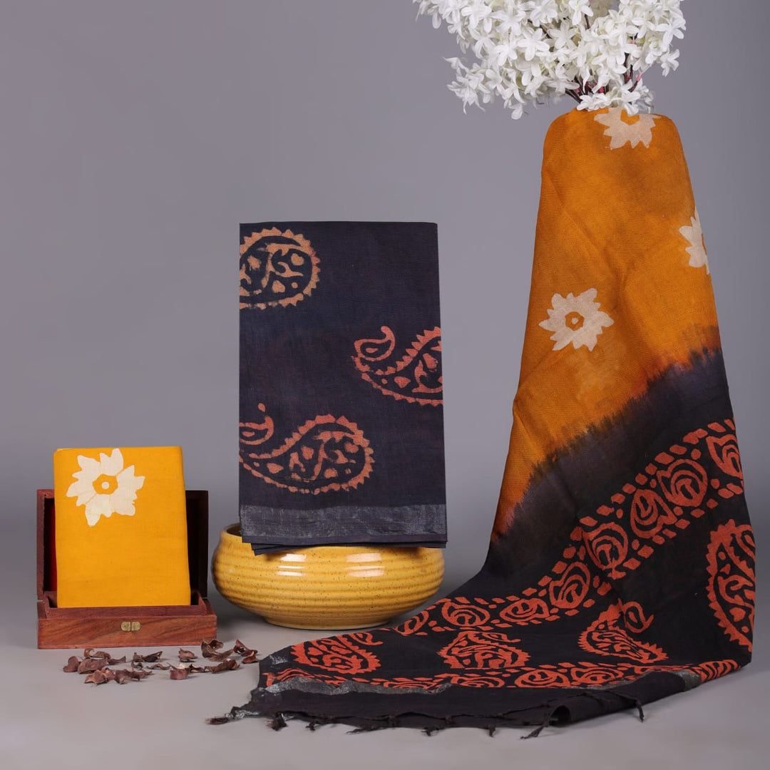Hand Block Printed Linen Unstitched Suit .