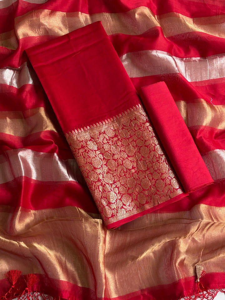 Pure Banarasi Chanderi Zari Work Unstitched Suit With Chanderi Silk Tissue Stripe Dupatta.