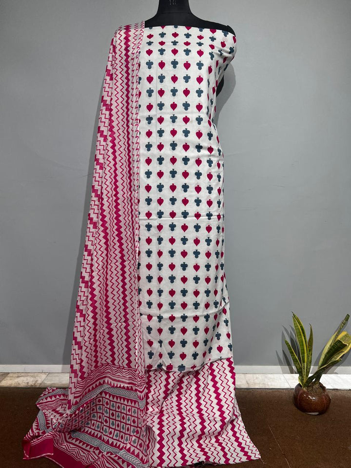 Pure Cotton Hand Block Print Unstitched Suit With Cotton Dupatta