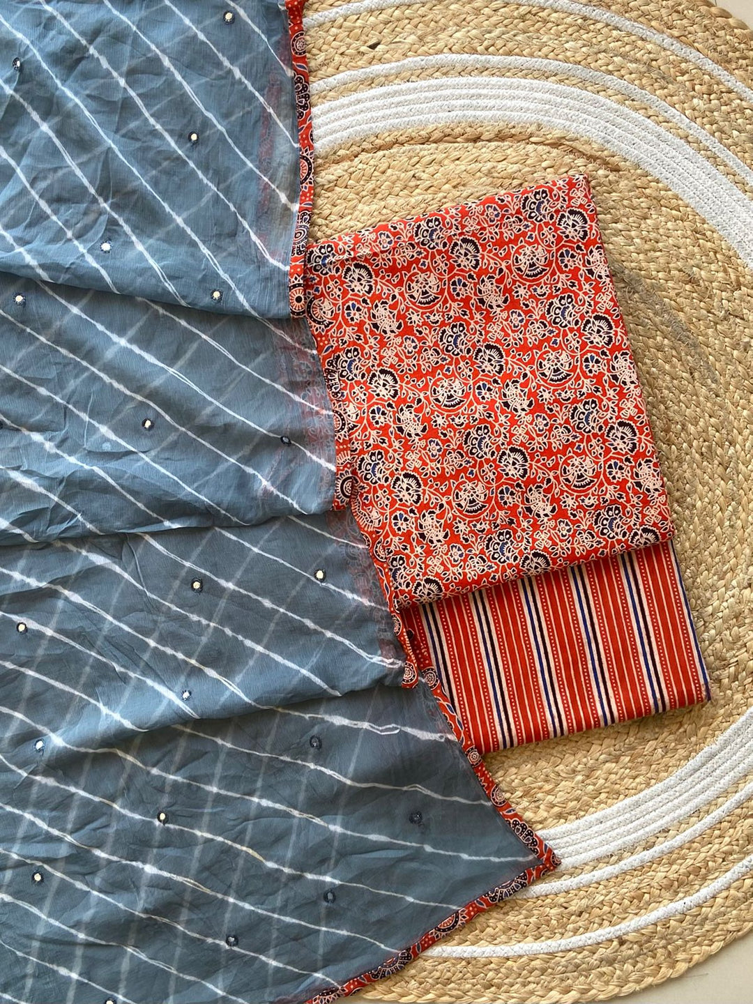 Pure Cotton Azrakh Print Unstitched suit With Chiffon Bandhani & lehriya Dupatta.