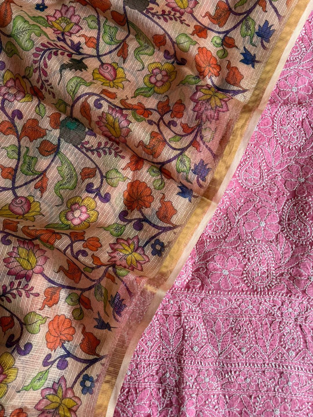 Pure Cotton Chikankari Hand Work Unstitched suit With Kalmkari Kota Doriya Dupatta.(without bottom)