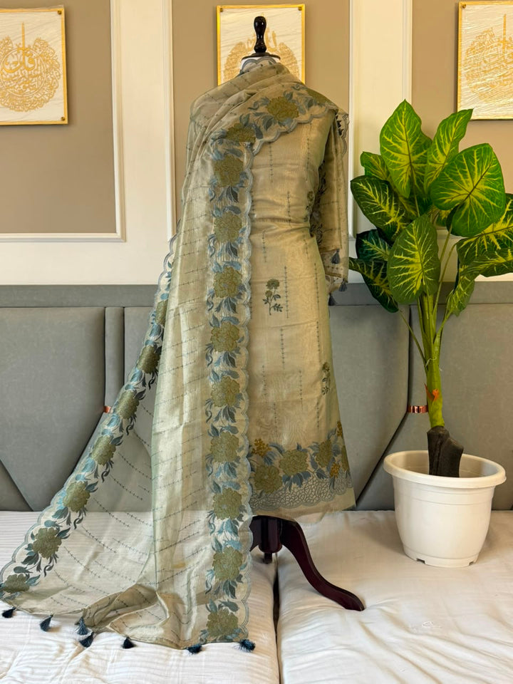 Exclusive Tissue Multi Thread Embroidery Work Unstitched Suit