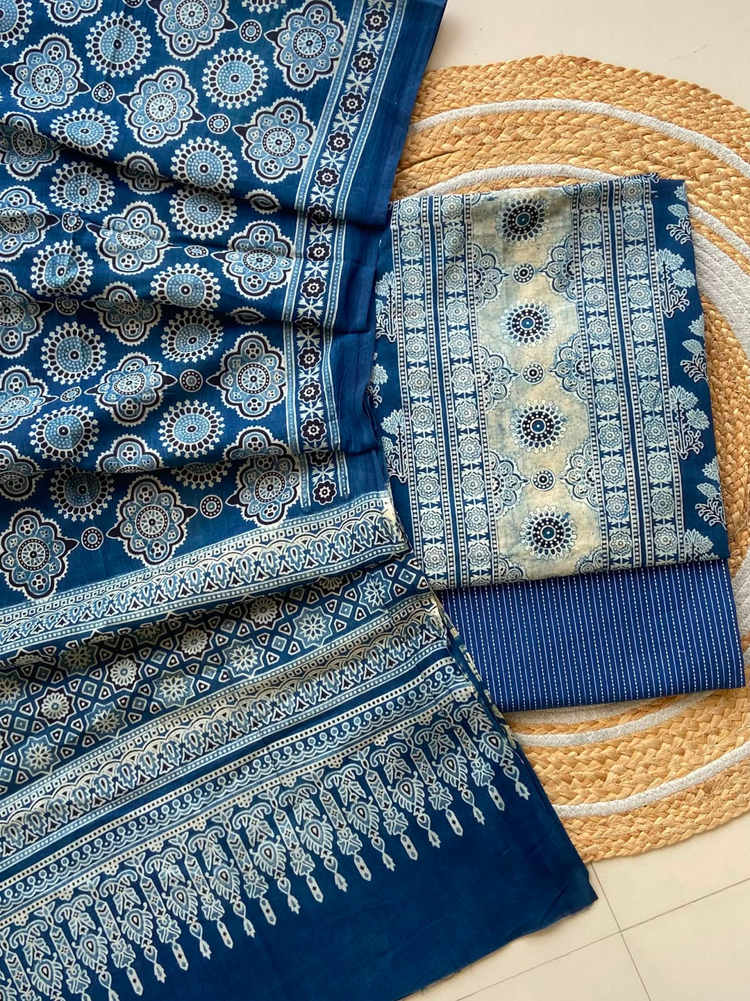 Pure Cotton Azrakh Print Unstitched Suit With  mul cotton  Duppatta