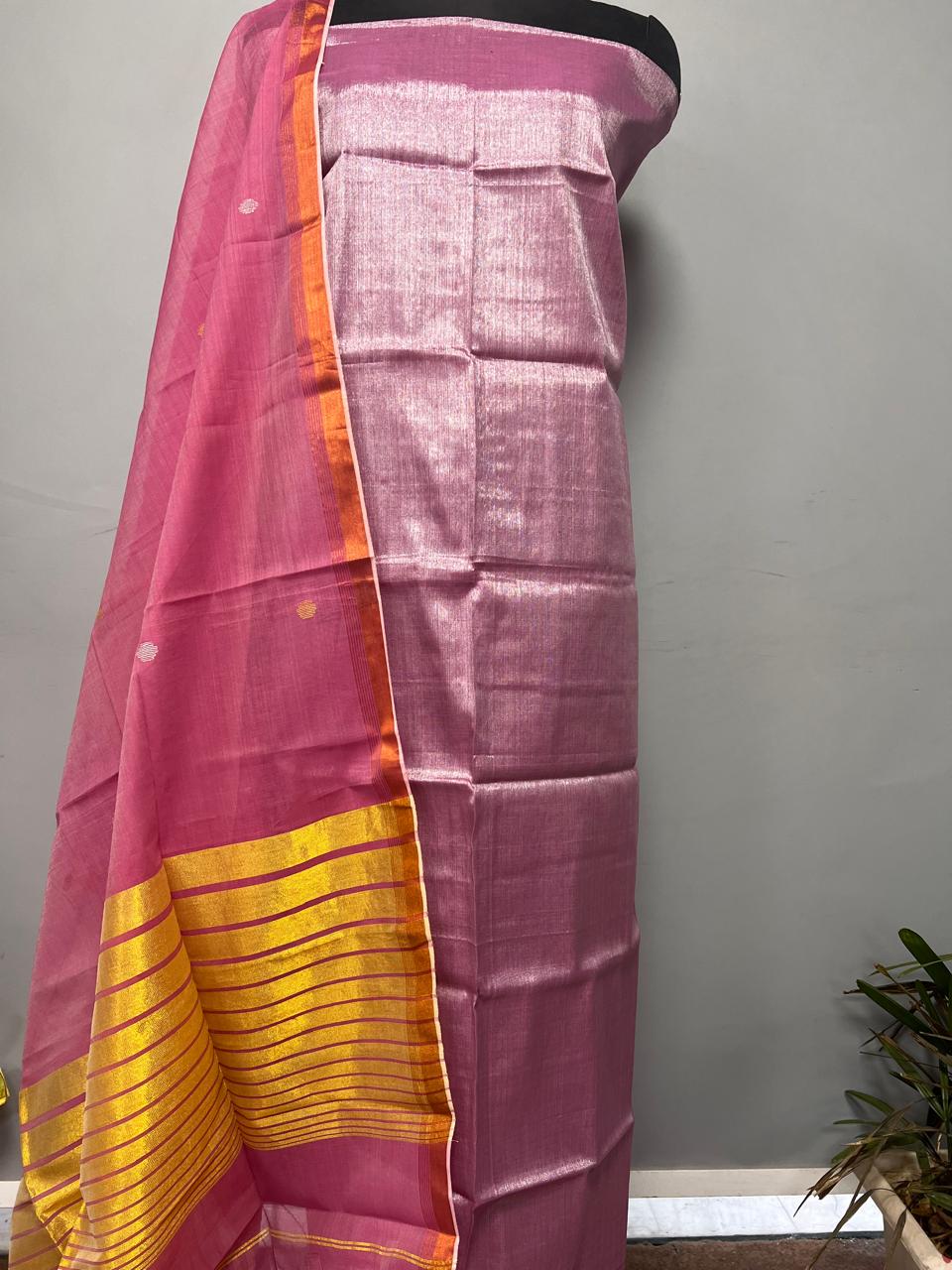 Pure Maheshwari Silk Hand Loom Unstitched Suit.(2pc Set)