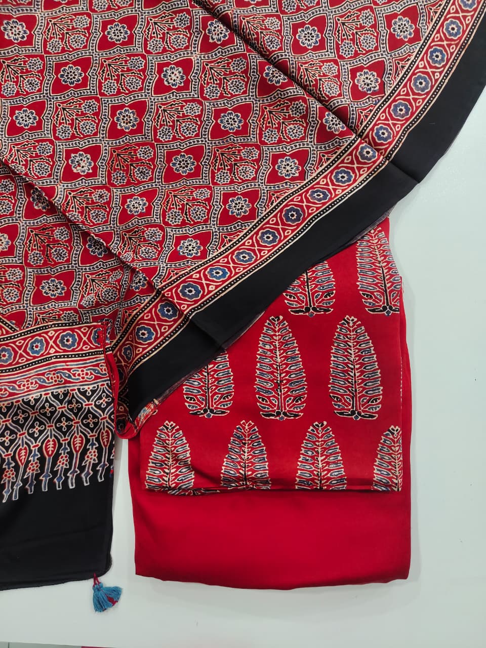 Pure Modal Silk Ajrakh Hand Block  3pc Unstitched Suit
