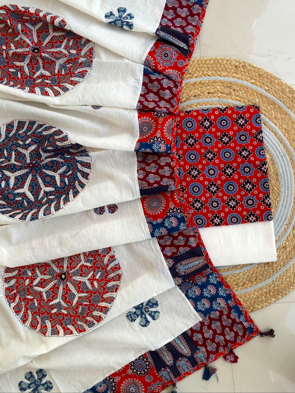 Pure Cotton Azrakh Print Unstitched Suit With Applique Work Dupatta