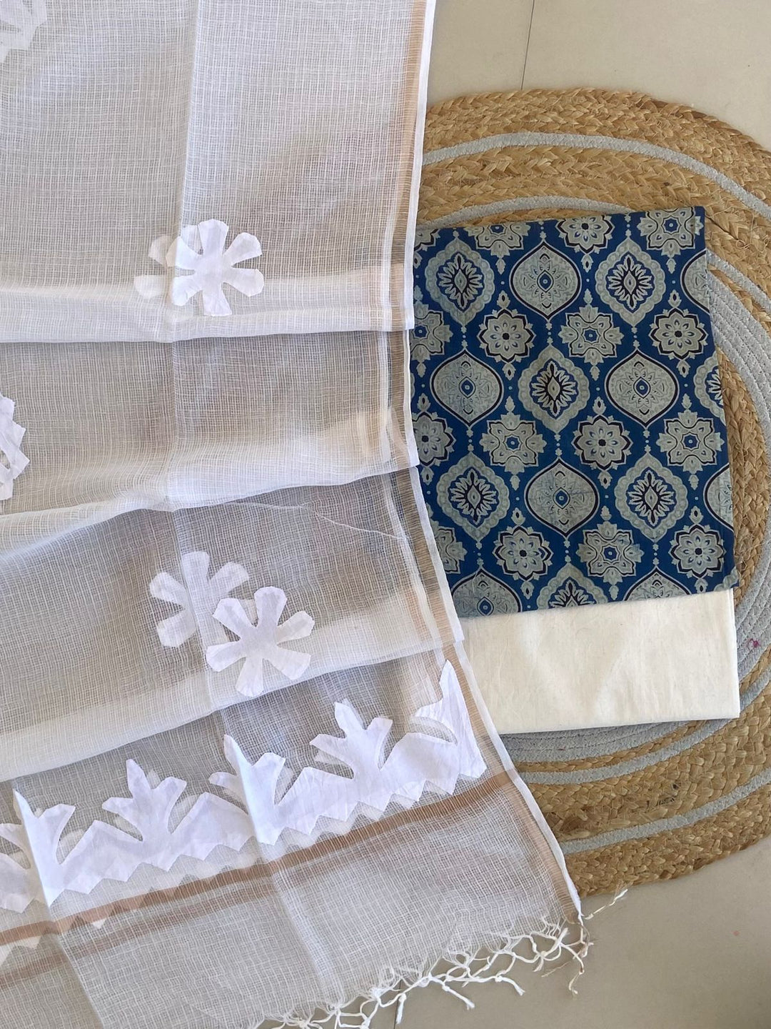 Azrakh Printed Top With Kota Doriya With Hand  Applique Work Dupatta