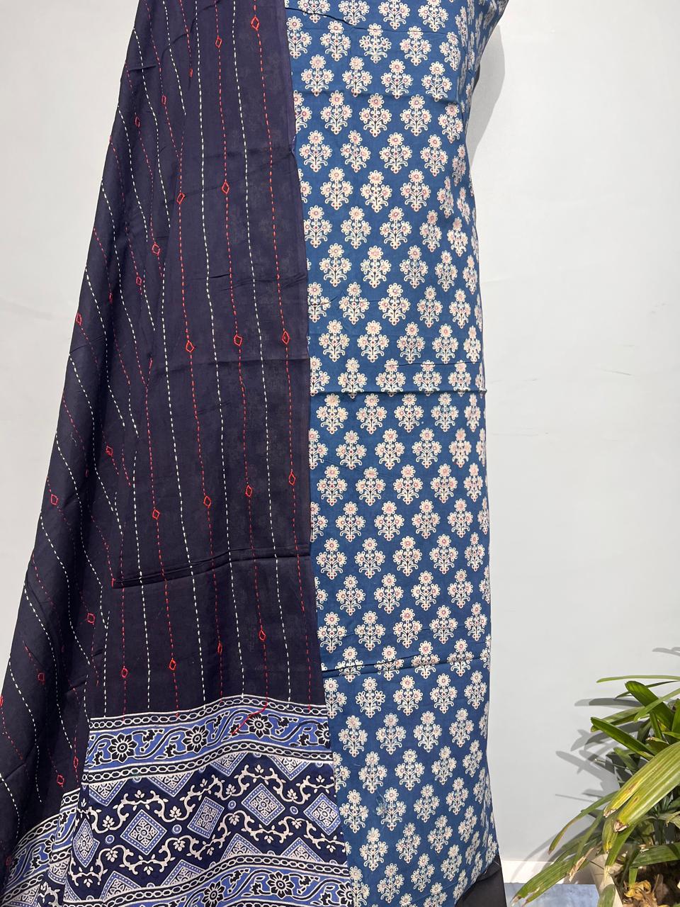 Pure Cotton Azrakh Print Unstitched suit With katha work Dupatta