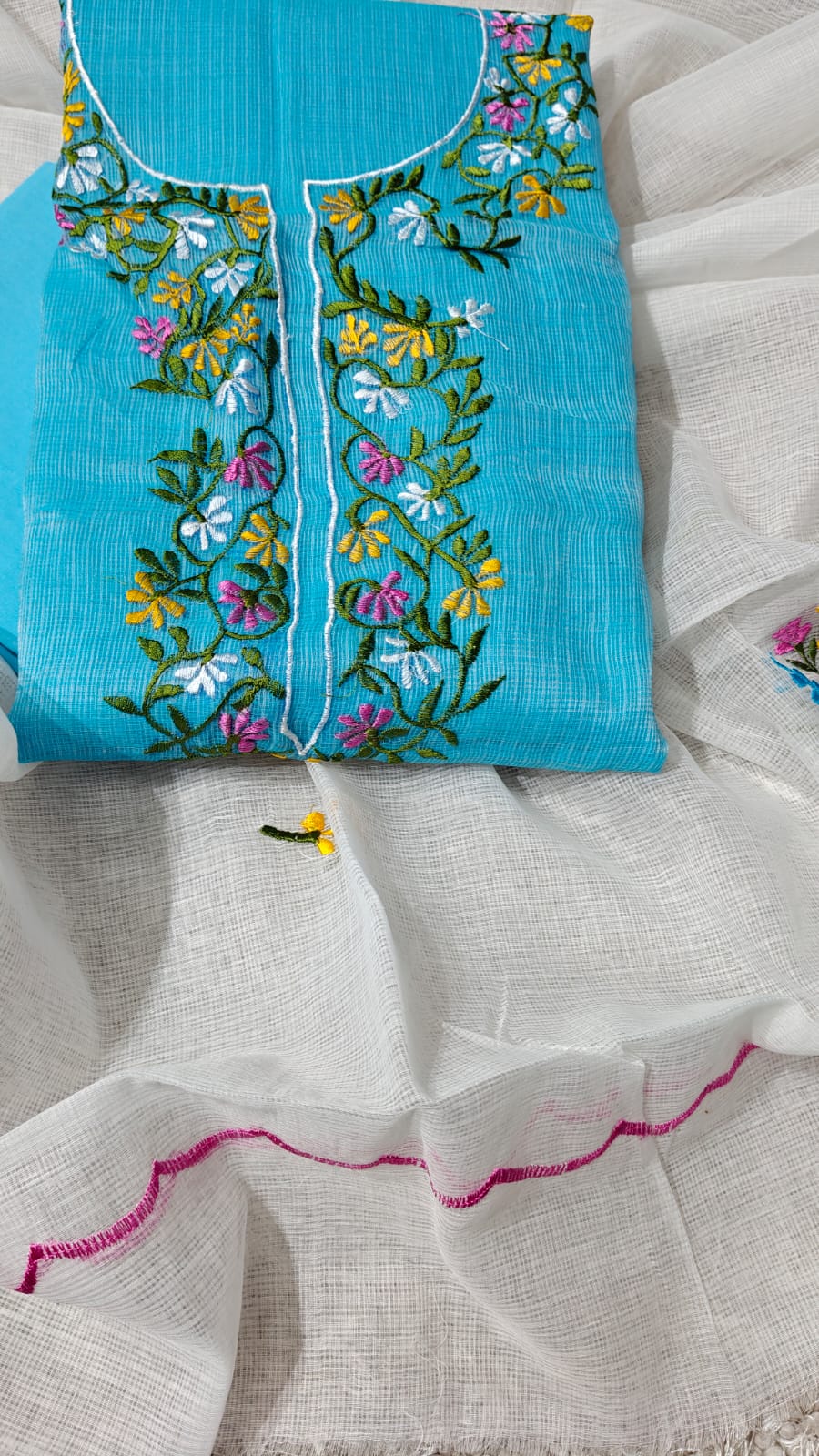 Kota Doriya Embroidery Unstitched Suit With Cut Work Dupatta