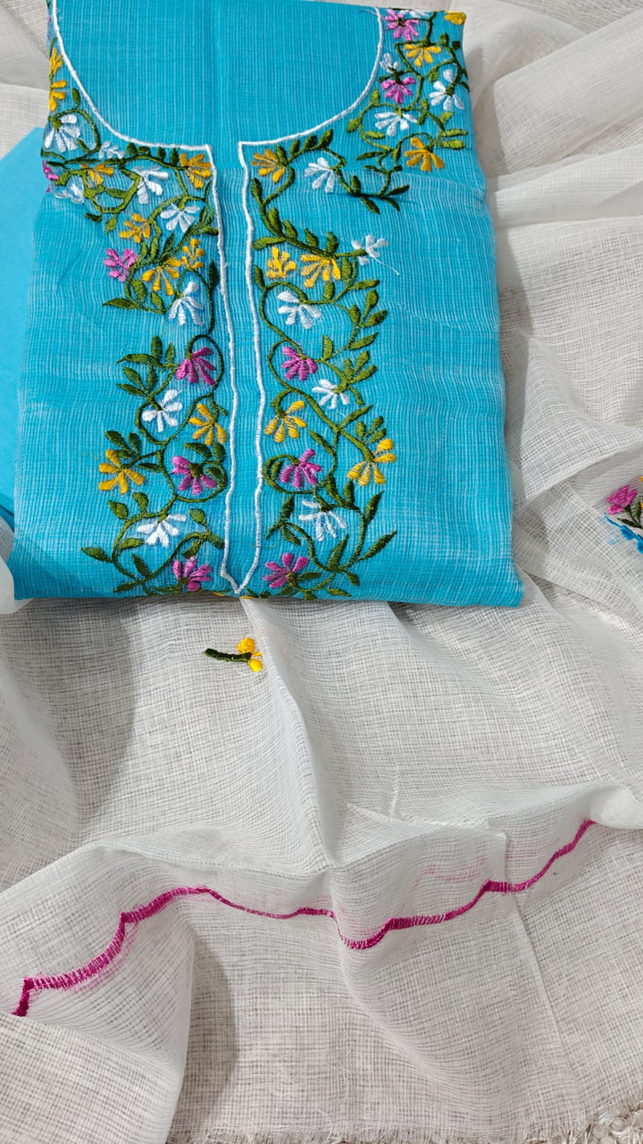 Kota Doriya Embroidery Unstitched Suit With Cut Work Dupatta