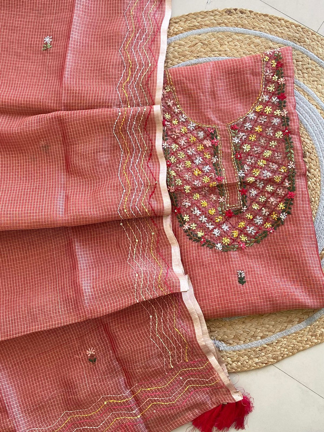 Pure Kota Doriya Silk Kurta And Dupatta With Neck Hand Work Emobroidery Unstitched Suit