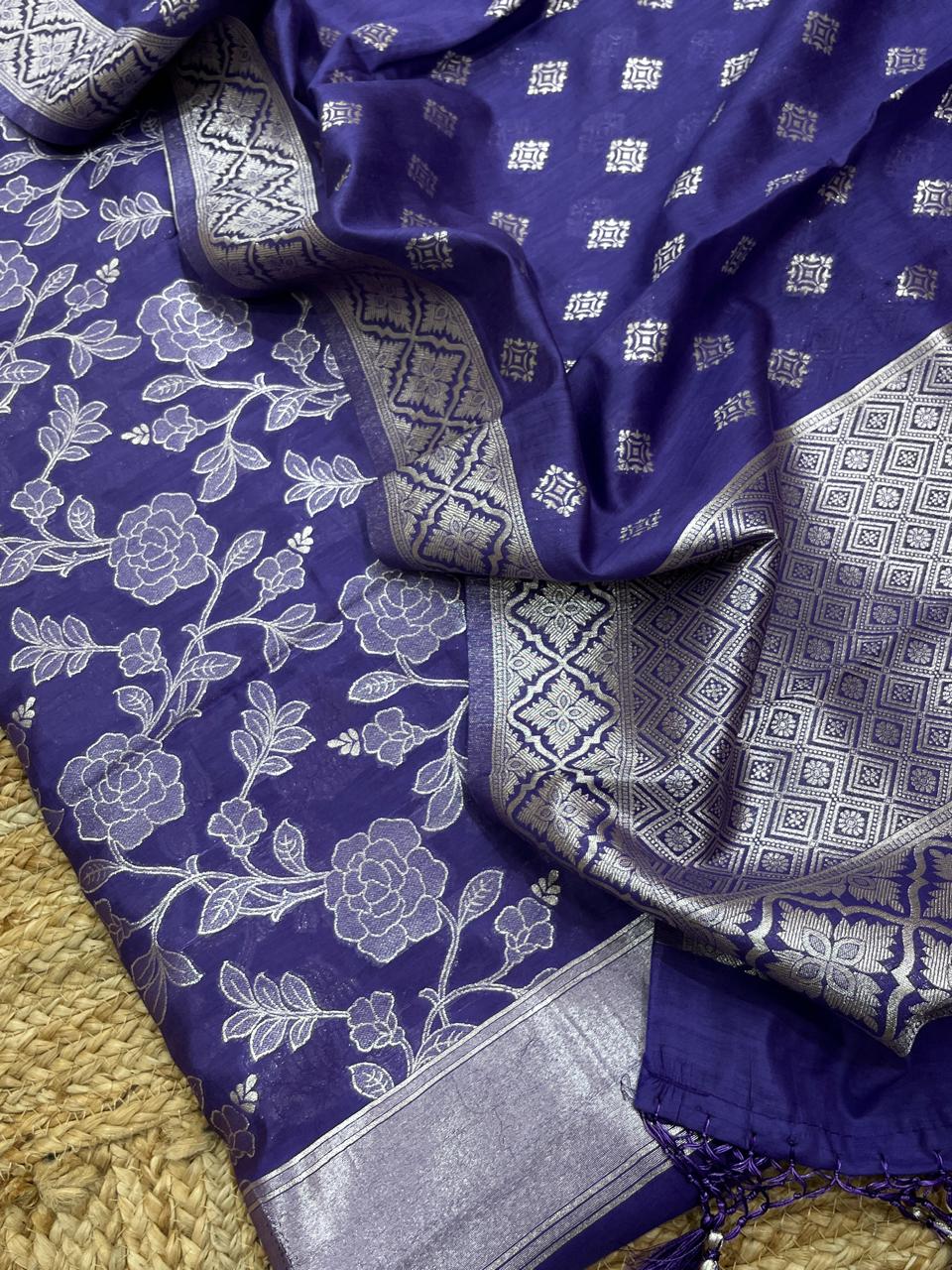 Pure Banarasi  Chanderi Silk Zari Work Unstitched Suit