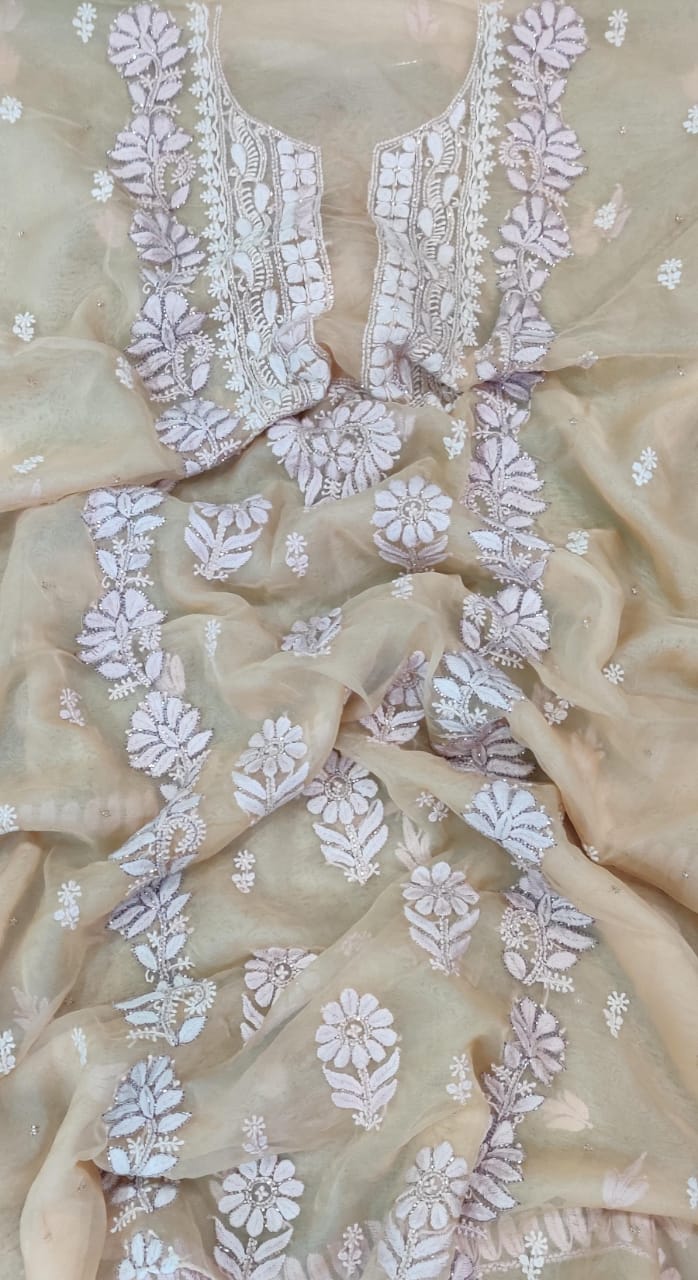 Pure Organza Silk Hand Chikankari Embroidery And Pearl Cut Dana Work Unstitched Suit.