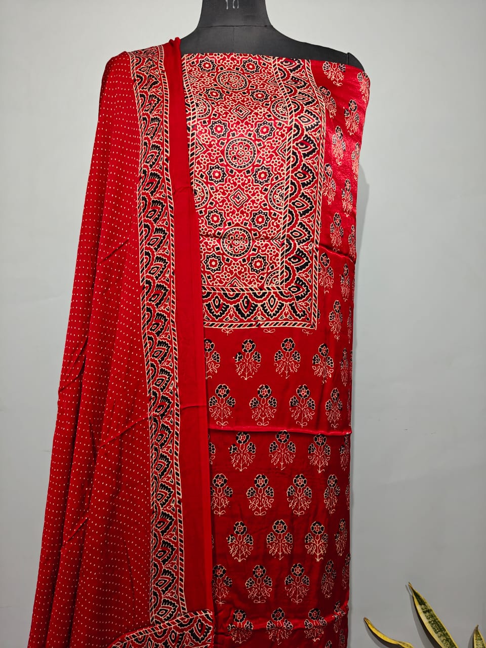 Pure Modal Silk Ajrakh Hend Block Zari Pallu Weaved 3pc Unstitched Suit