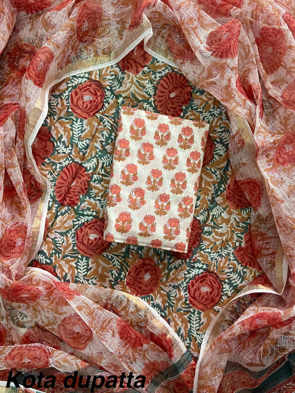 Pure Cotton Hand block print Unstitched Suit with Kota Dupatta .