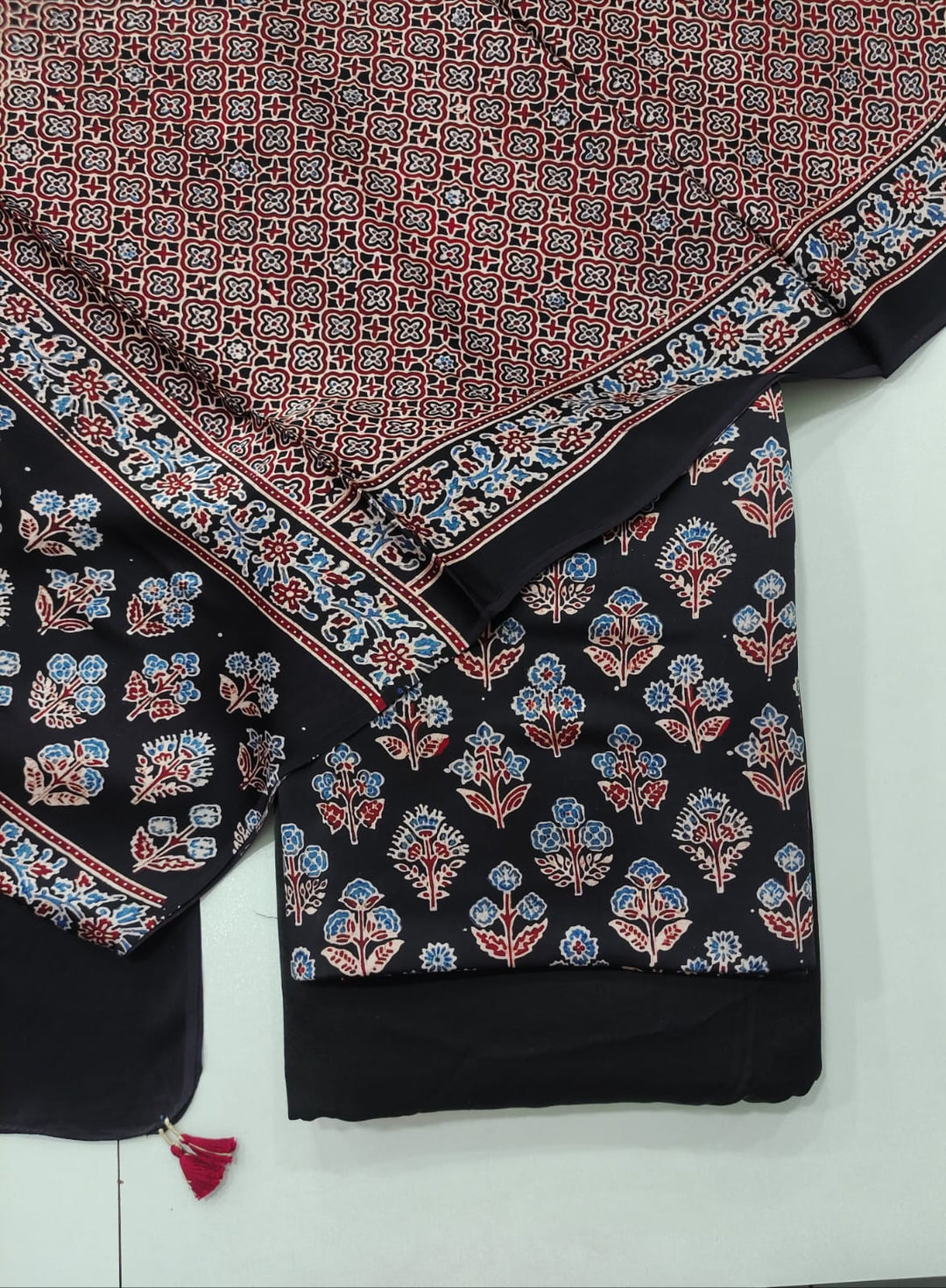 Pure Modal Silk Ajrakh Hand Block  3pc Unstitched Suit