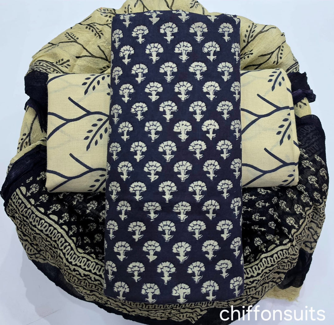 Pure Cotton Hand Block Print Unstitched Suit With Chiffon Dupatta. fab-persona Pure Cotton Hand Block Print Unstitched Suit With Chiffon Dupatta. fab-persona