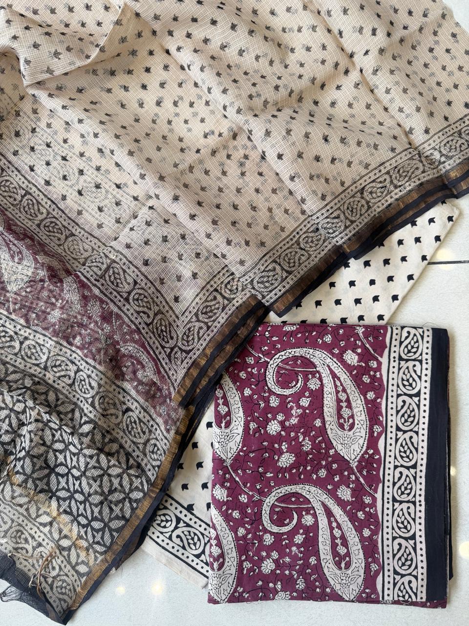 Pure Cotton Hand block print Unstitched Suit with Kota Dupatta