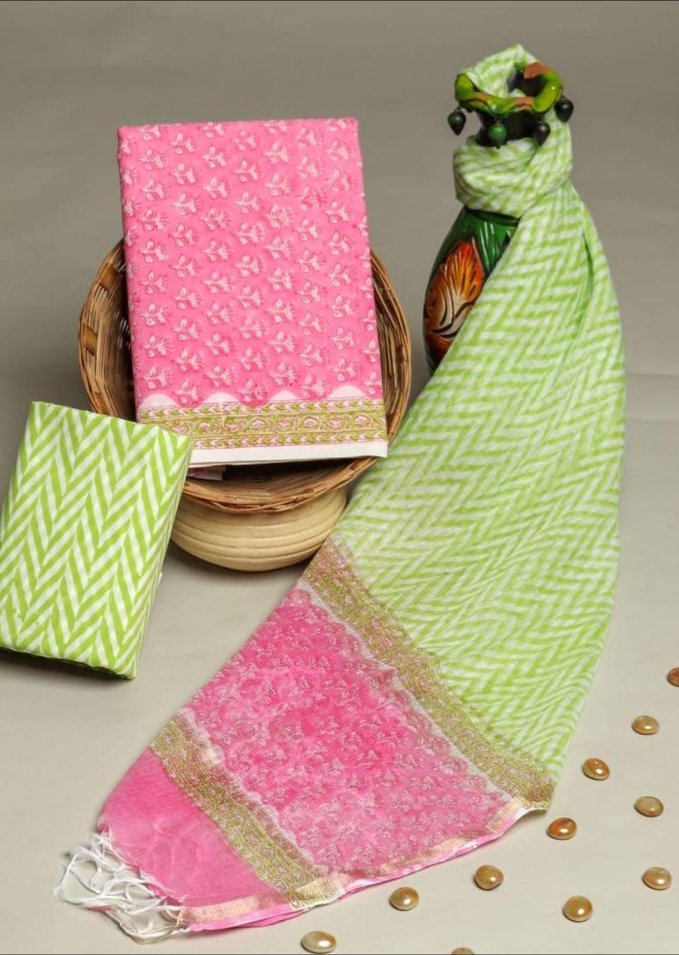 Pure Cotton Hand block print Unstitched Suit with Kota Dupatta .