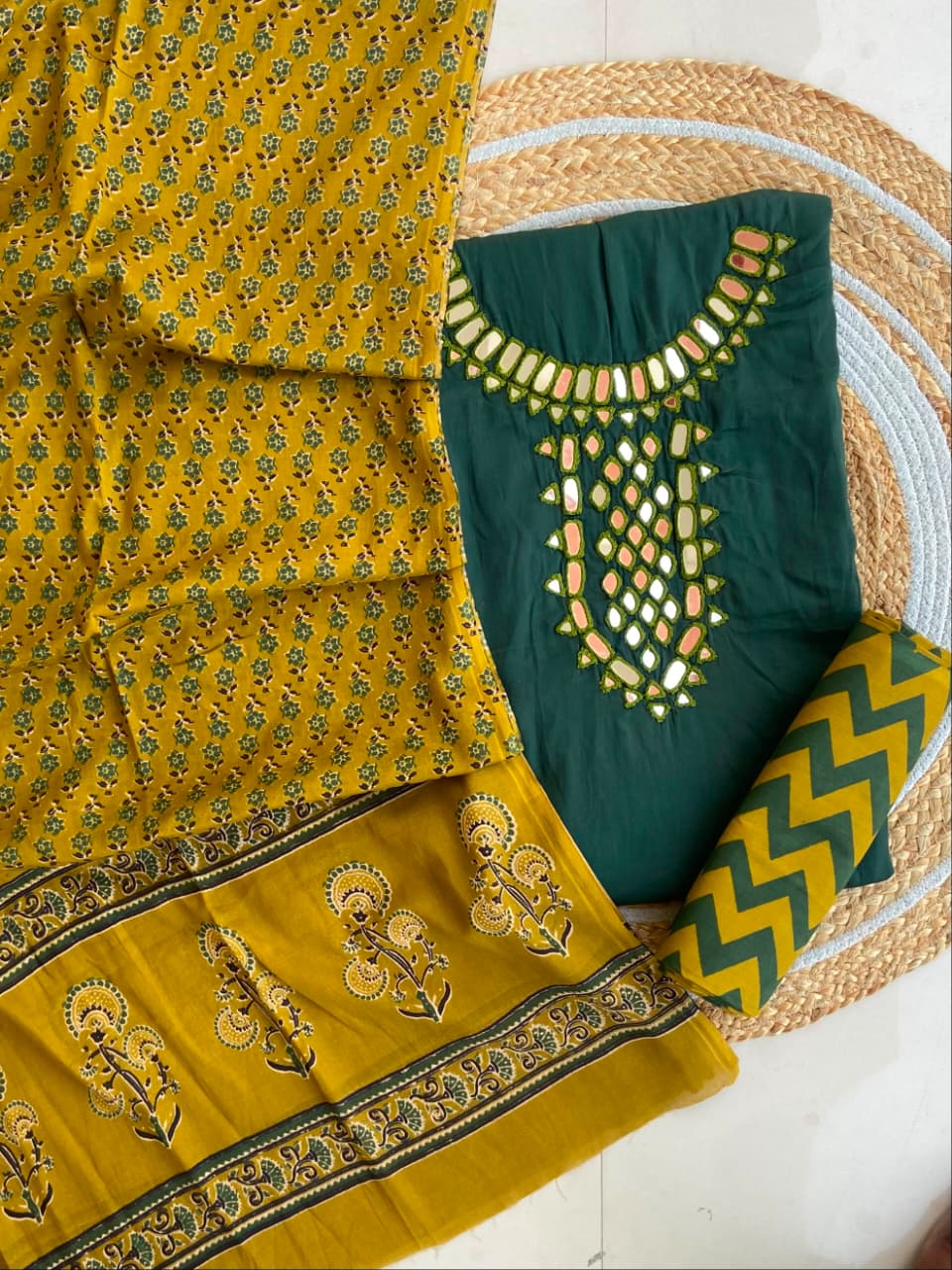 Pure Cotton Azrakh Print Unstitched Suit With heavy mirror work