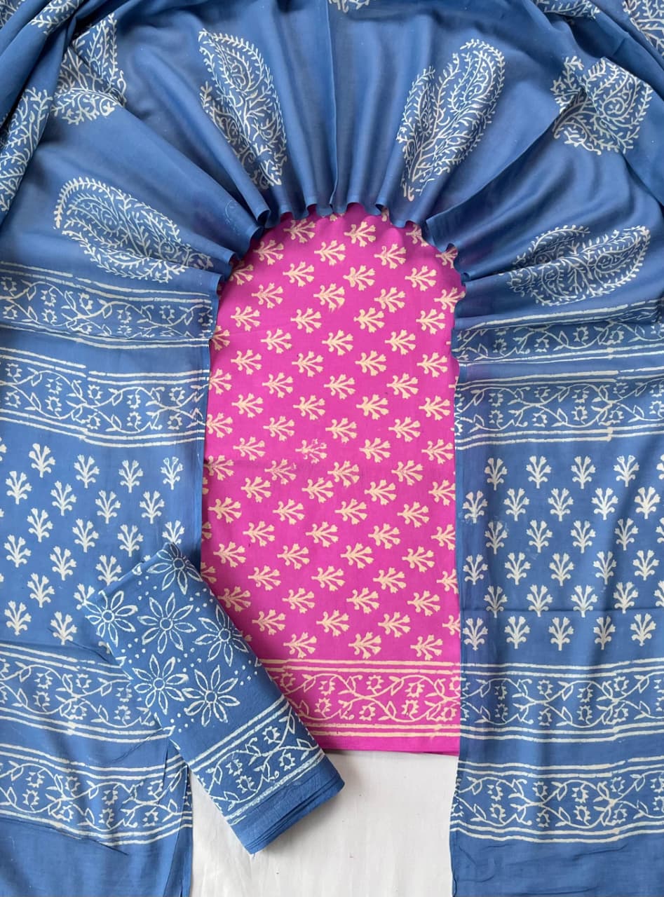 Pure Cotton Hand Block Print Unstitched Suit With Cotton Dupatta