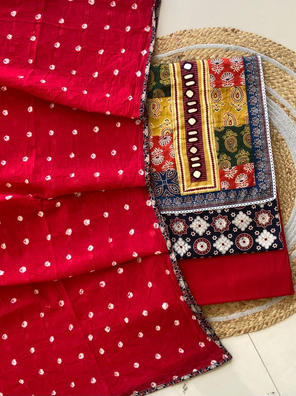 Pure Cotton Azrakh Print Unstitched Suit With Heavy Mirror Work