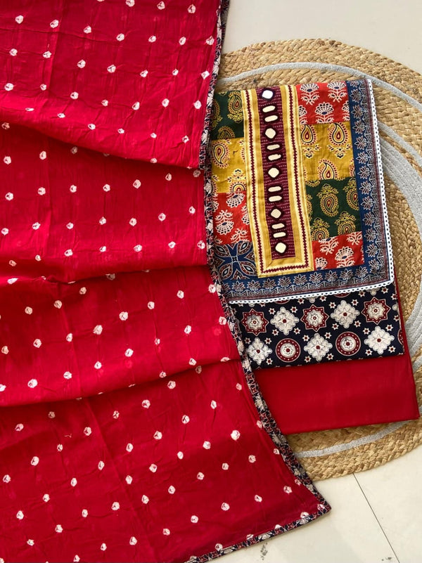 Pure Cotton Azrakh Print Unstitched Suit With Heavy Mirror Work