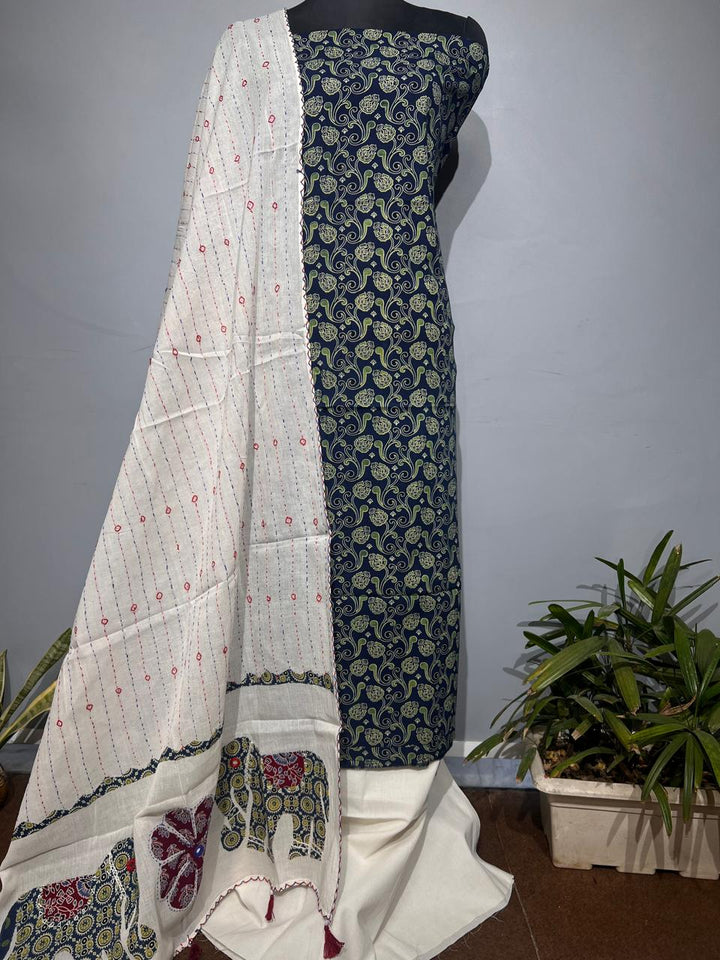 Pure Cotton Azrakh Print Unstitched suit With katha work Dupatta