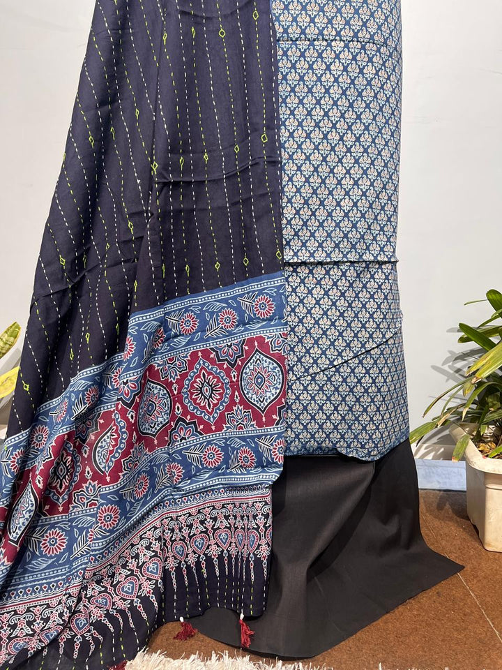 Pure Cotton Azrakh Print Unstitched suit With katha work Dupatta
