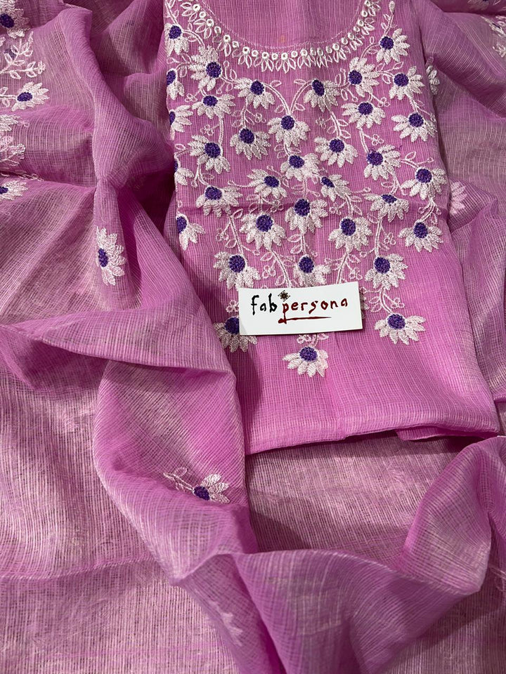 Pure Kota Doriya Embroidery Work Unstitched Suits With Chikankari Bottom.