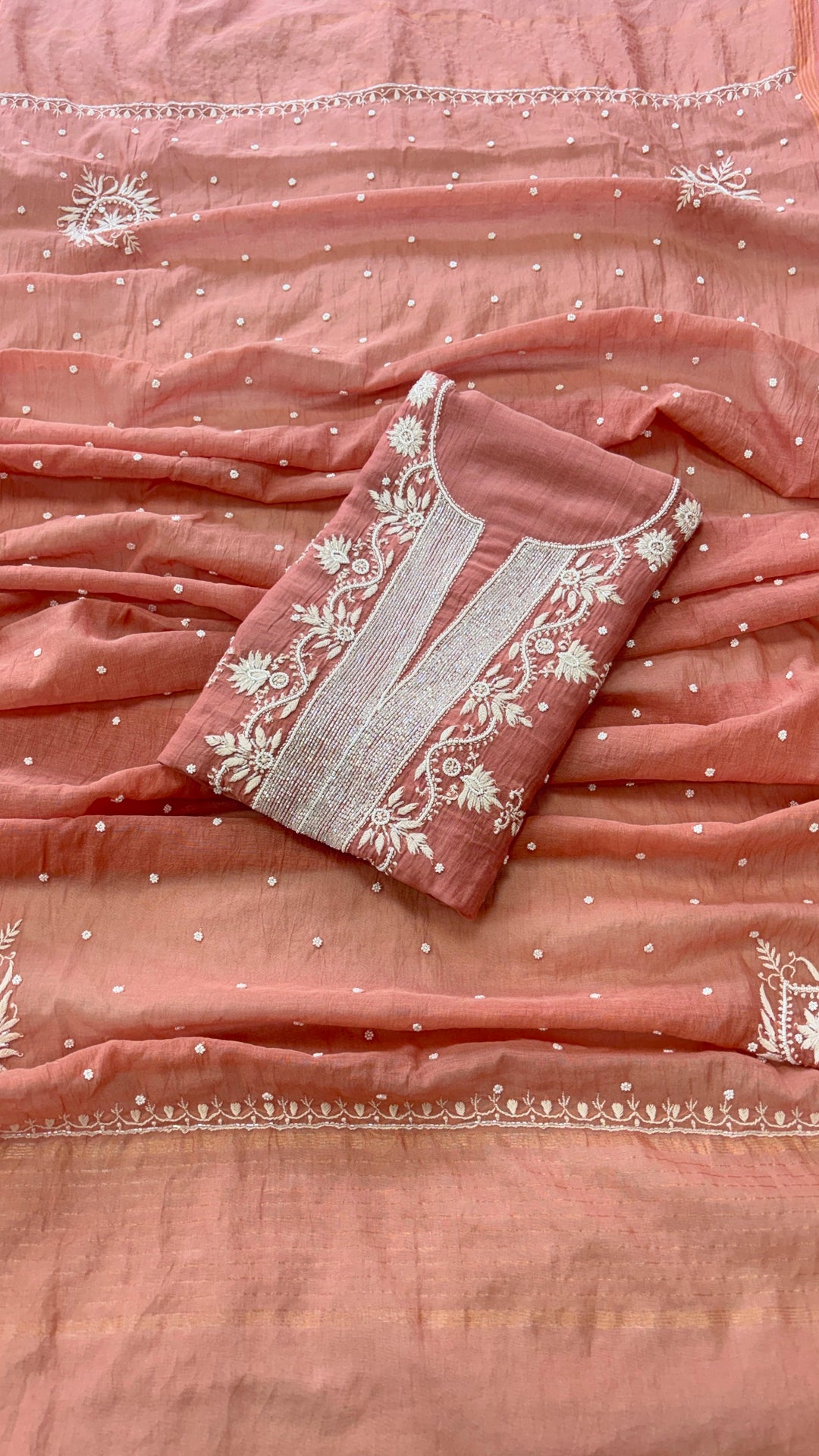 Pure Mul- Mul Chakiankari Work Unstitched Suit with Pearl and Cutdana work
