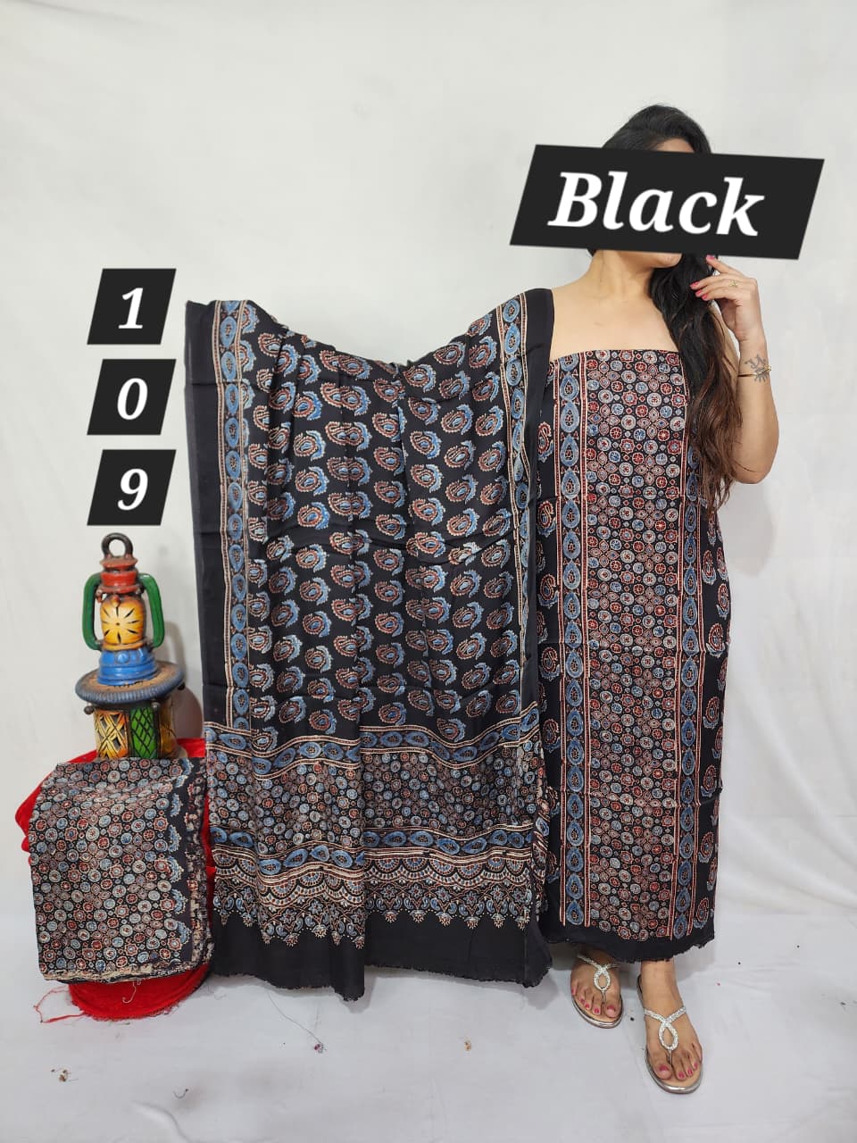 Pure modal silk ajrakh natural 3pc Unstitched  suit