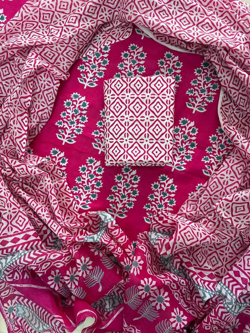 Pure Cotton Hand Block Print Unstitched Suit With Cotton  Dupatta .