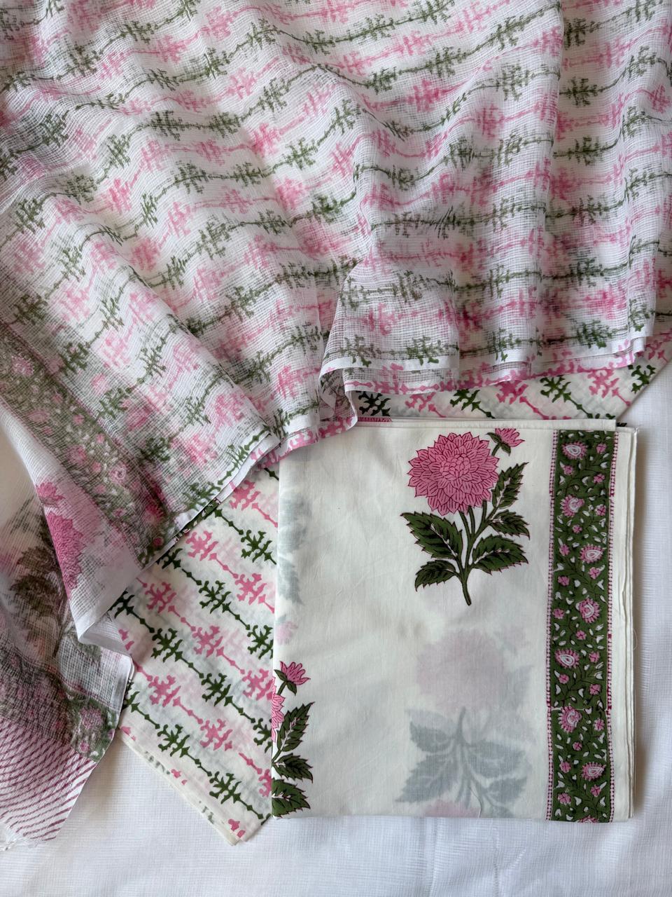 Pure Cotton Hand block print Unstitched Suit with Kota Dupatta