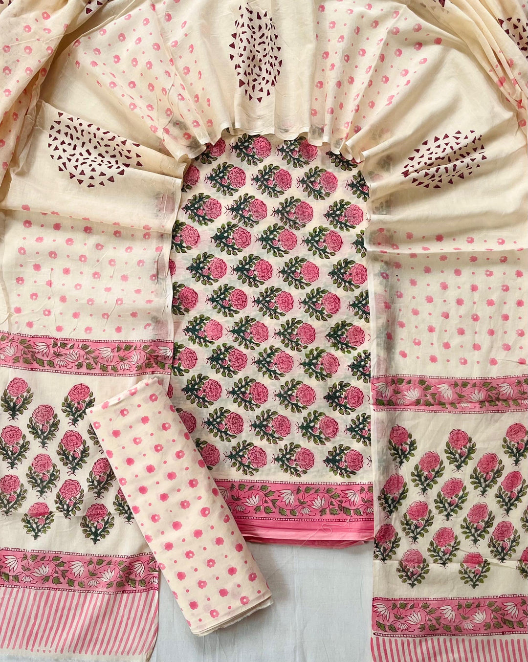 Pure Cotton Hand Block Print Unstitched Suit With Cotton Dupatta