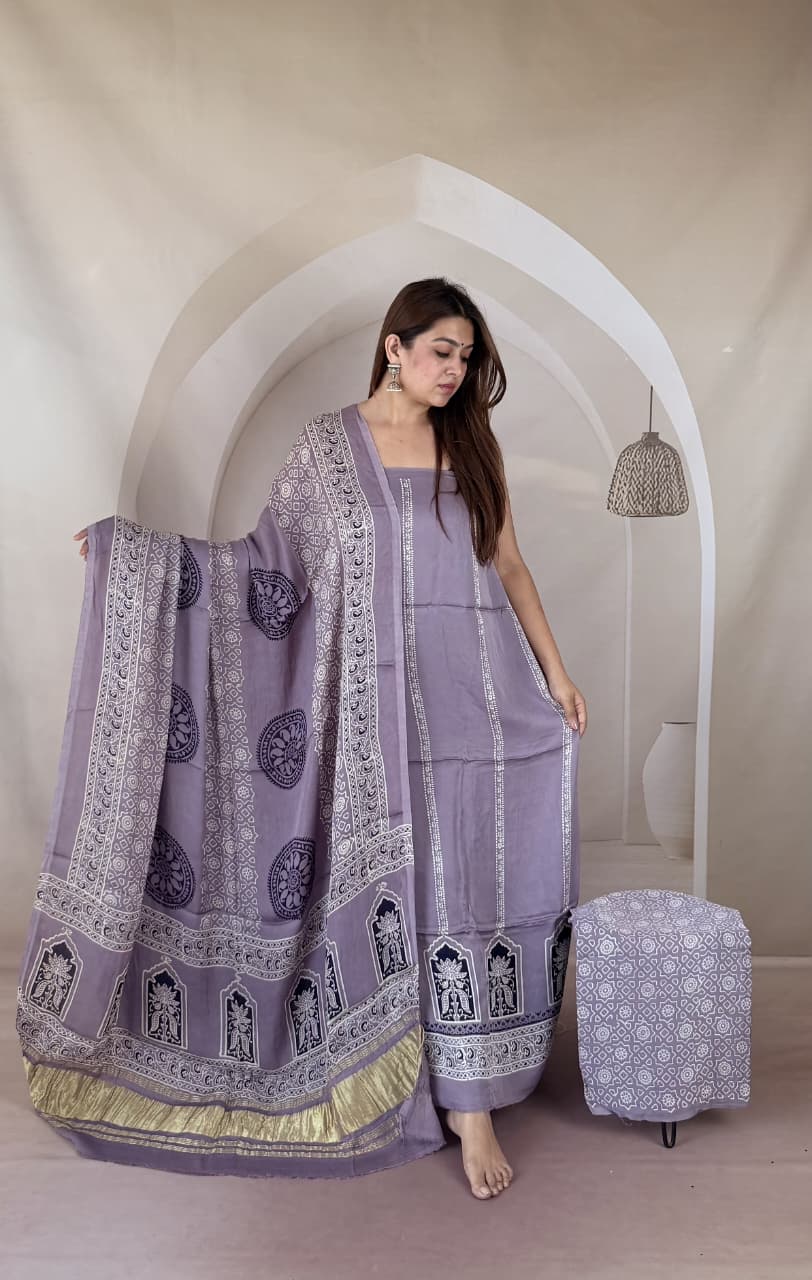 Pure Modal Silk Ajrakh Hand Block Zari Pallu Weaved 3pc Unstitched Suit