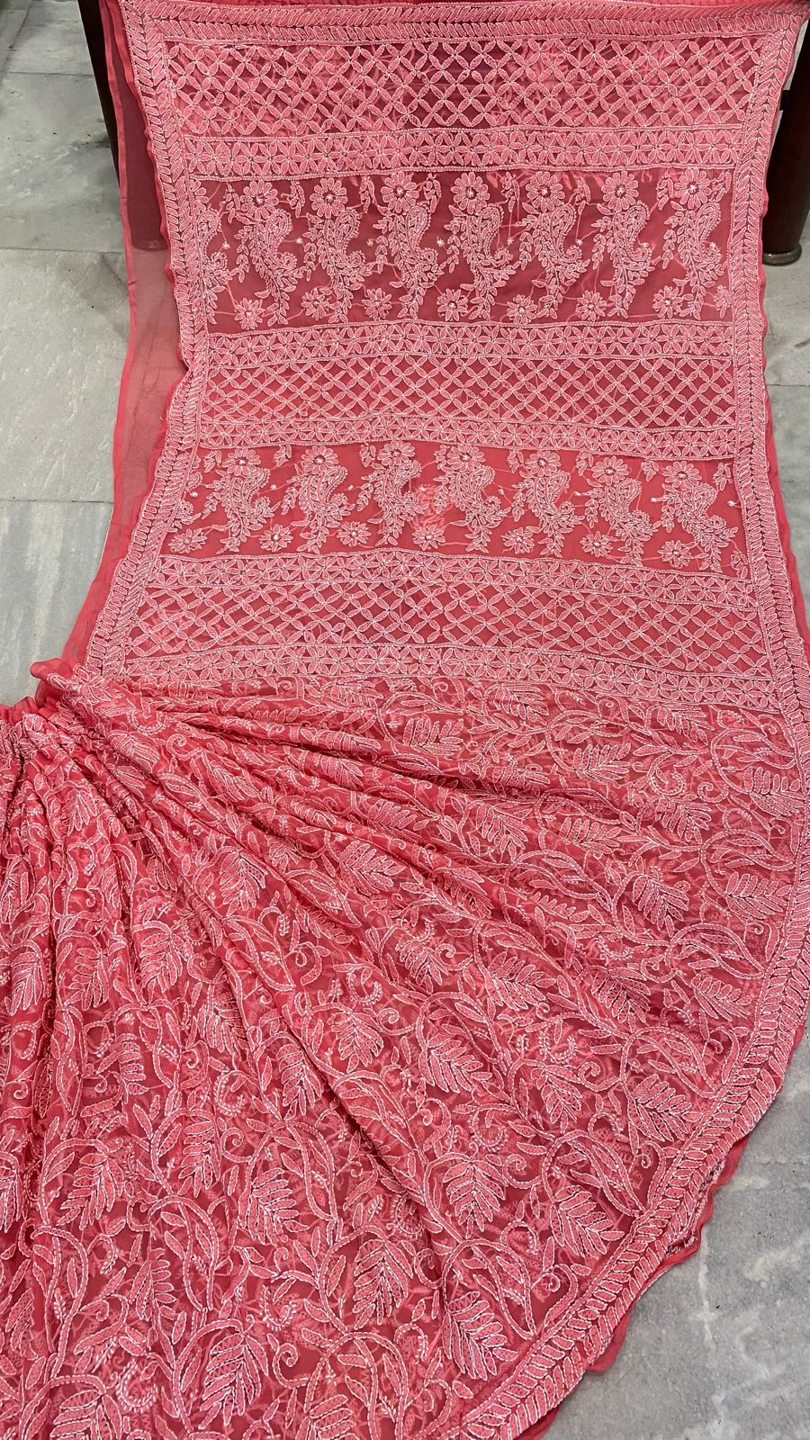 Pure Chiffon Georgette Chikankari Hand Embroidery Full Jaal Work Saree.