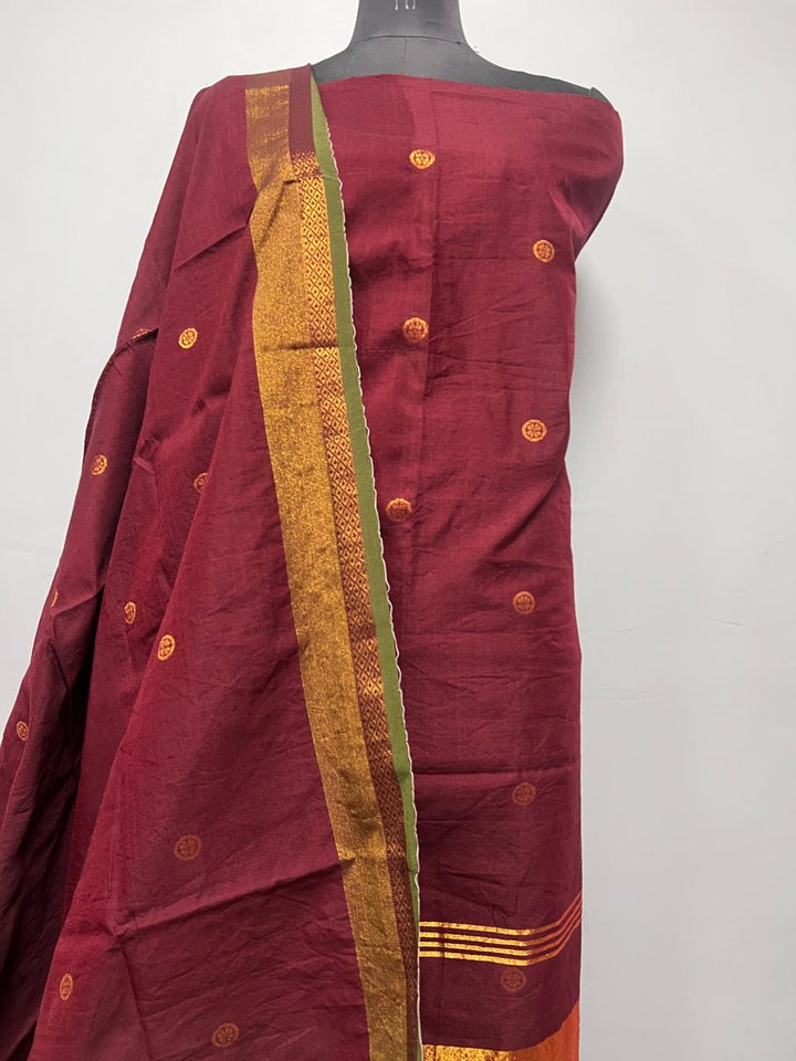 Pure Maheshwari Silk Hand Loom Unstitched Suit.(2pc Set)