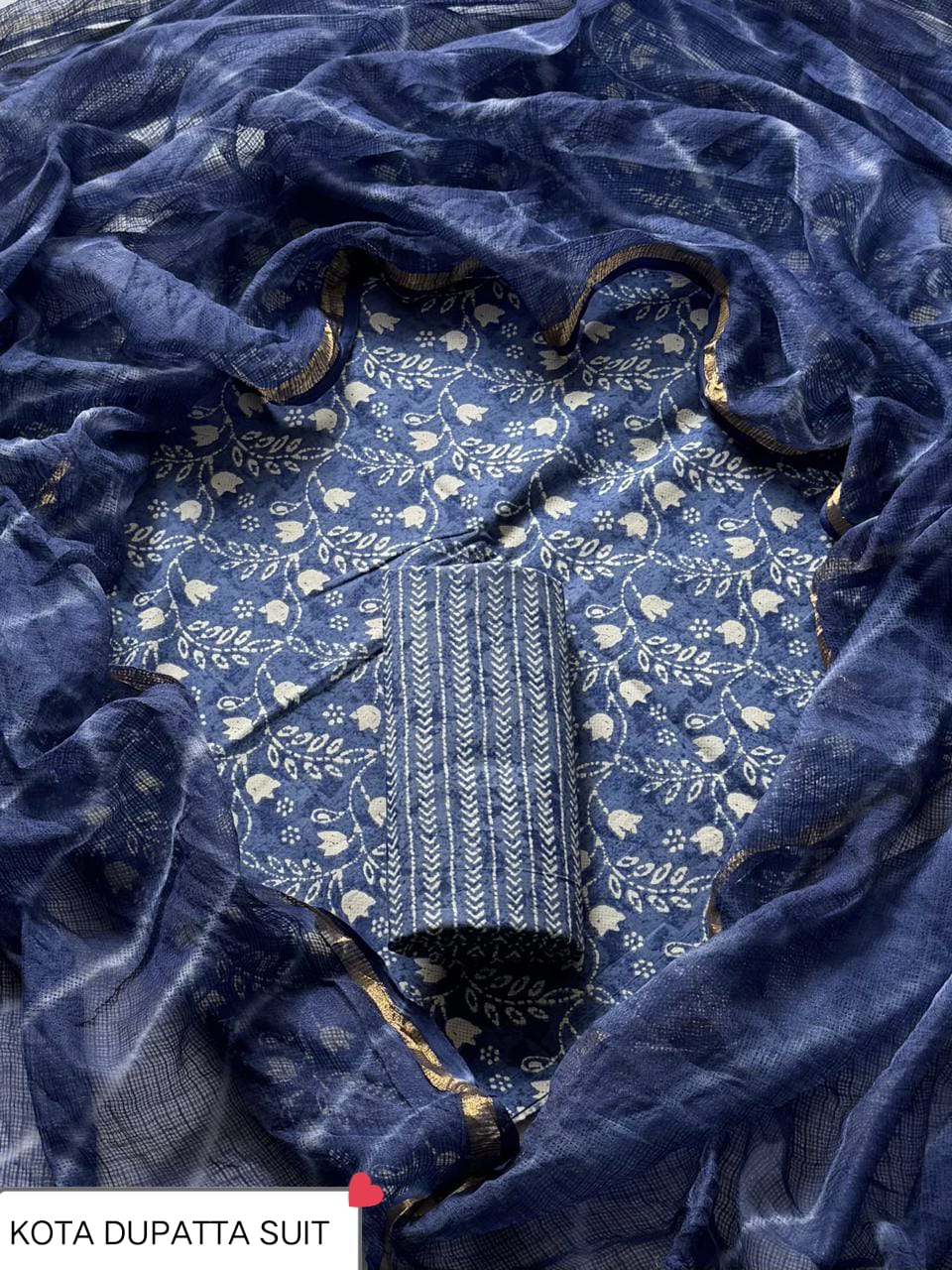 Pure Cotton Hand block print Unstitched Suit with Kota Dupatta