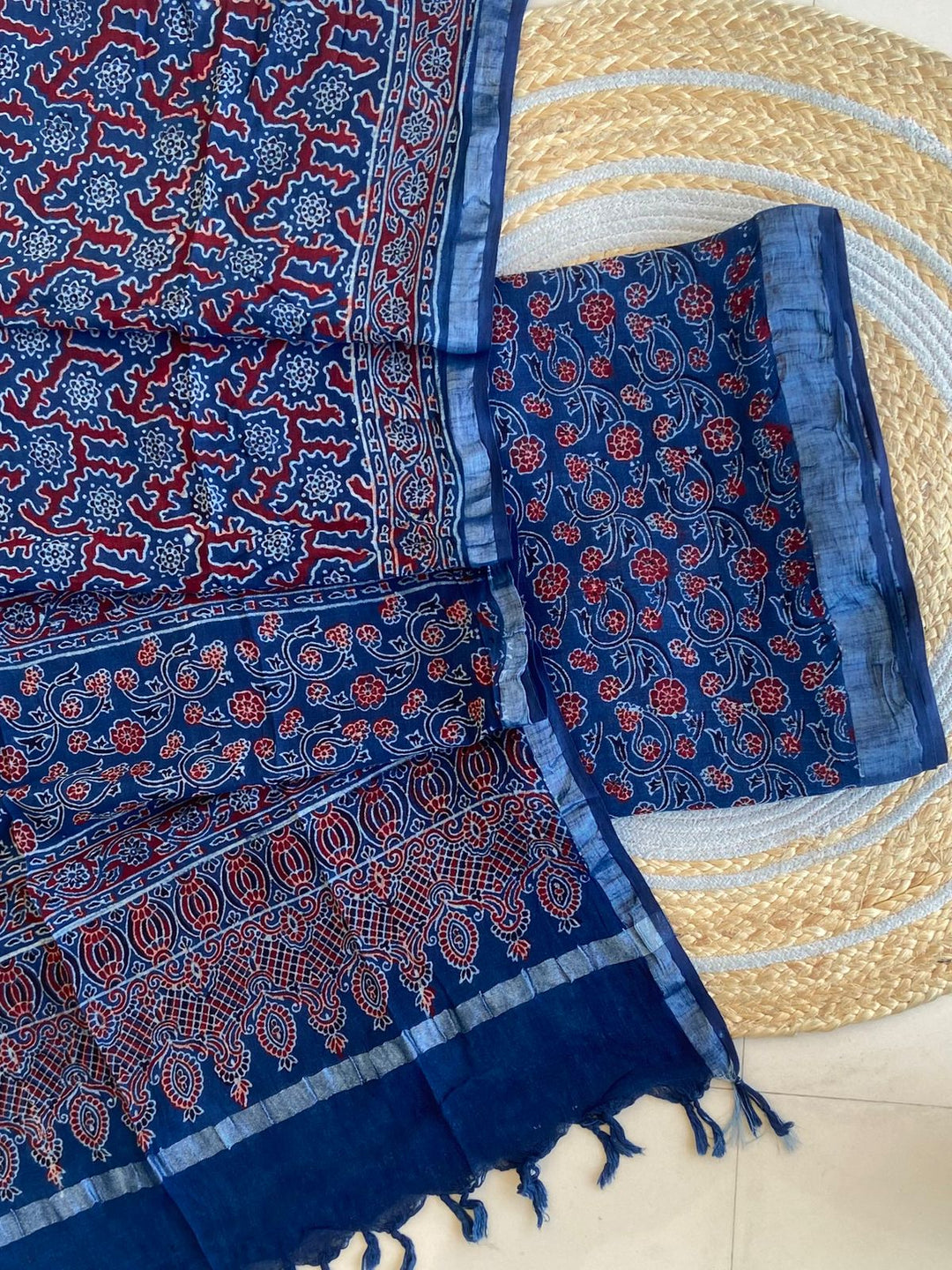 Exclusive Azrakh Hand block Pure Cotton Linen 2-Piece Unstitched Suit  With Dupatta