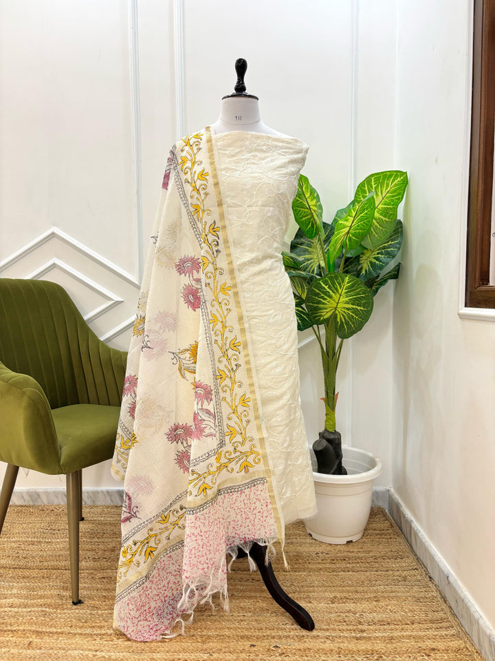 Banarasi Kota Embroidery Unstitched Suit With Kota Hand Block Print Dupatta.