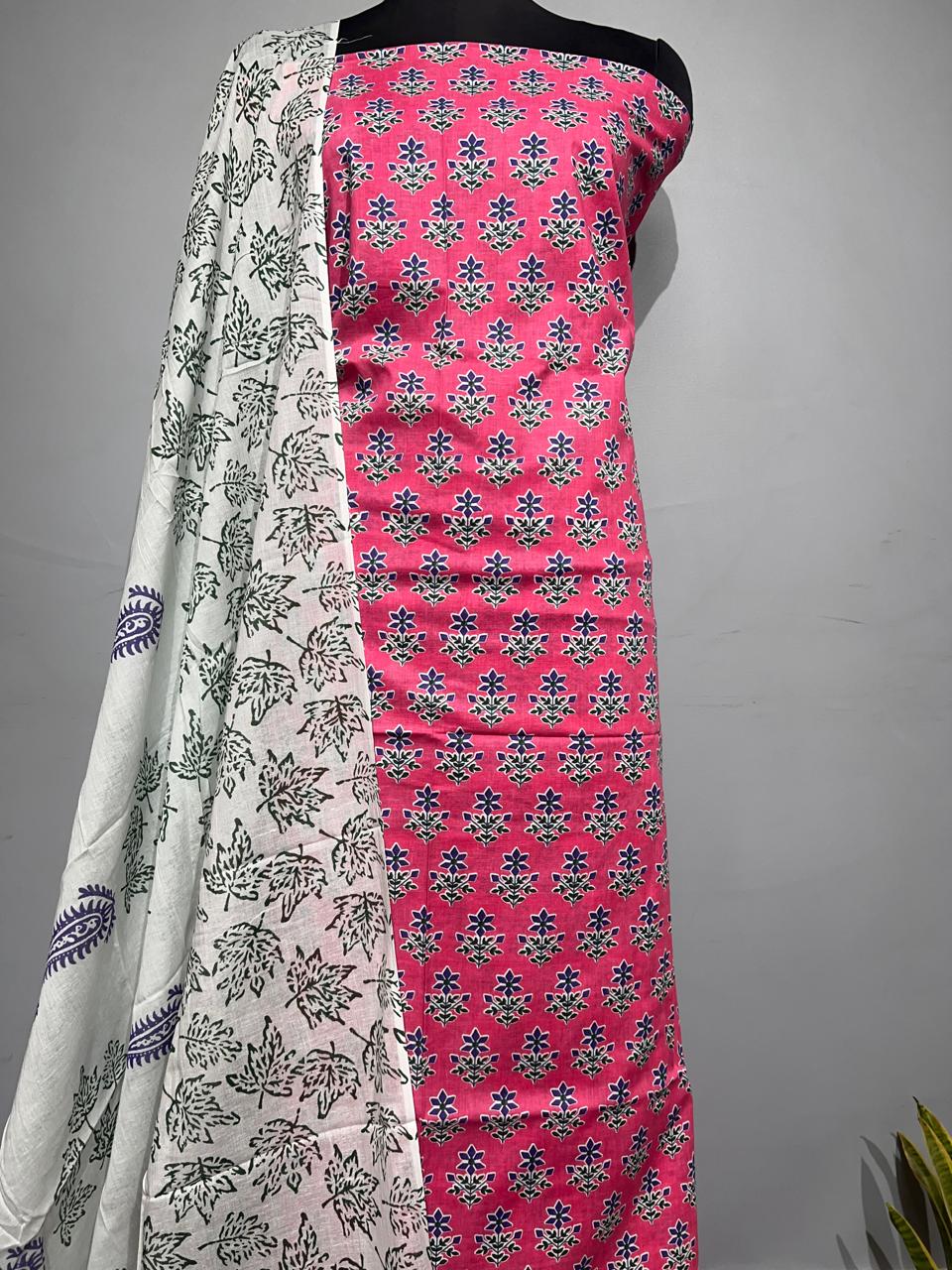 Pure Cotton Hand Block Print Unstitched Suit With Cotton Dupatta