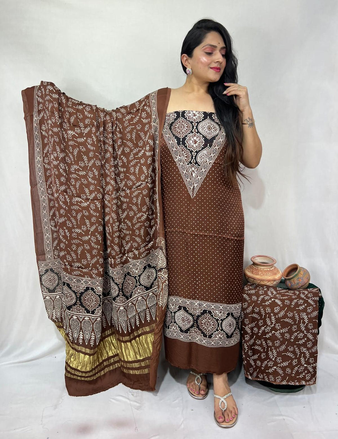 Pure Modal Silk Ajrakh Hand Block Zari Pallu Weaved 3pc Unstitched Suit