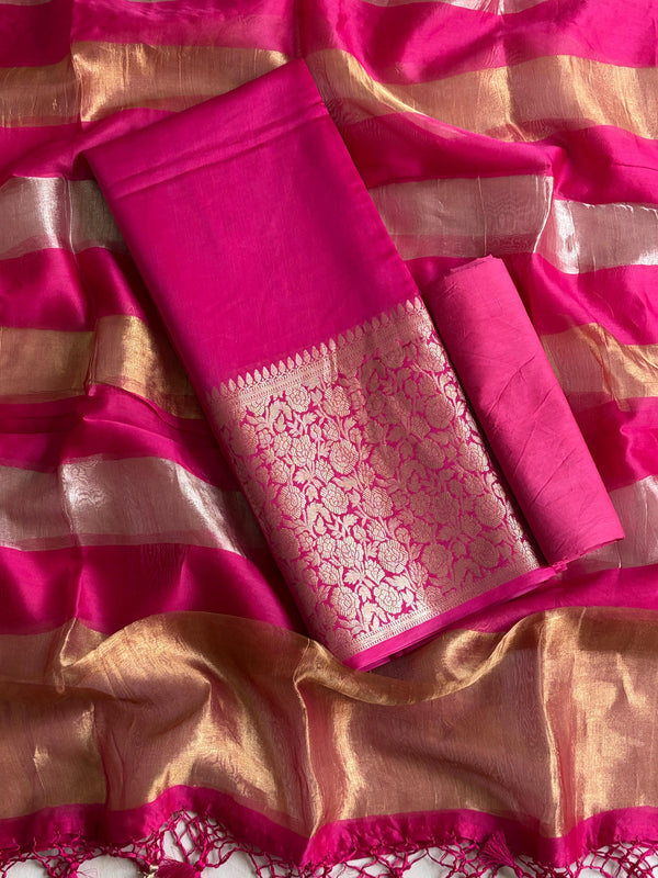 Pure Banarasi Chanderi Zari Work Unstitched Suit With Chanderi Silk Tissue Stripe Dupatta.