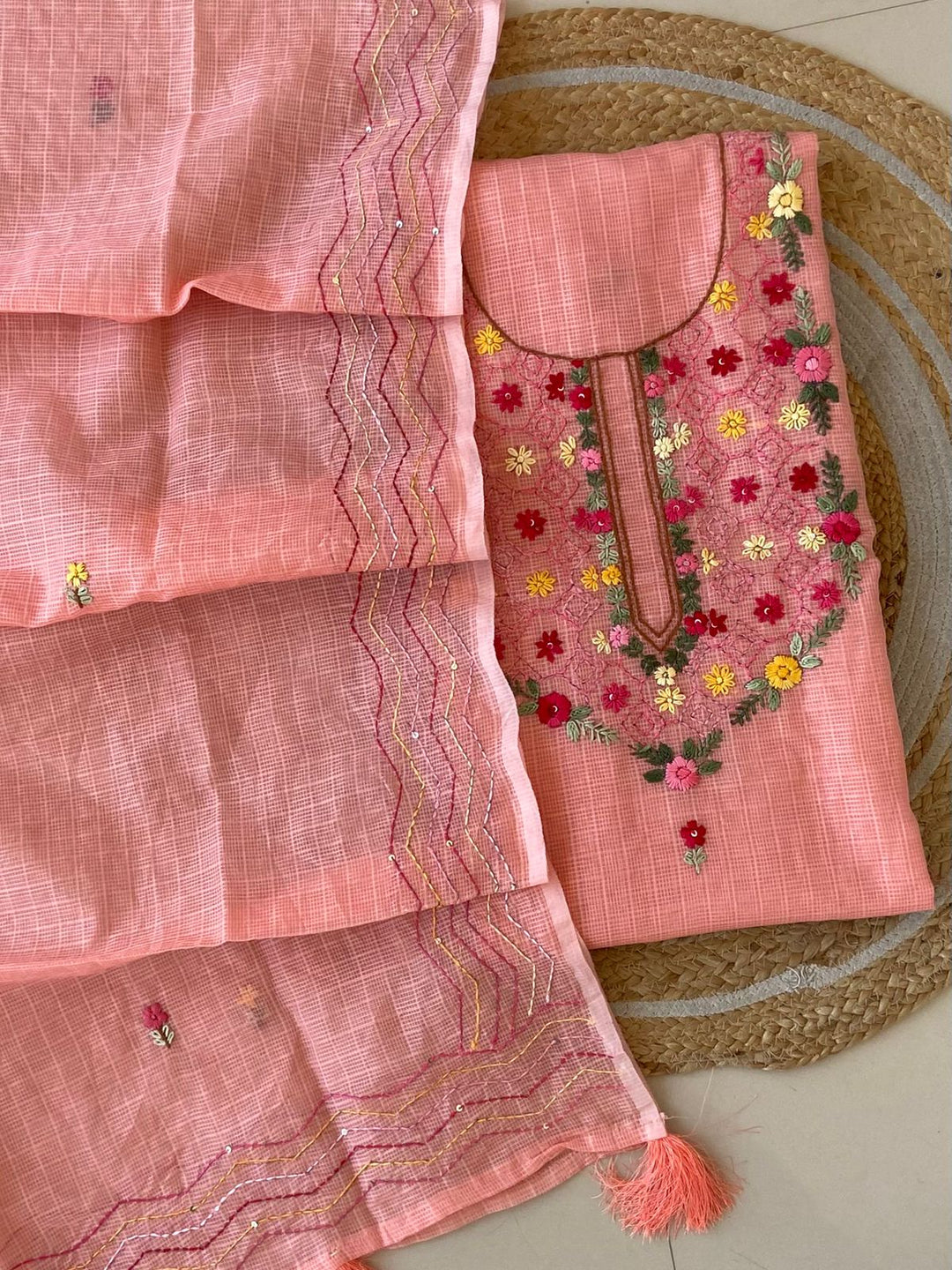 Pure Kota Doriya Silk Kurta And Dupatta With Neck Hand Work Emobroidery Unstitched Suit